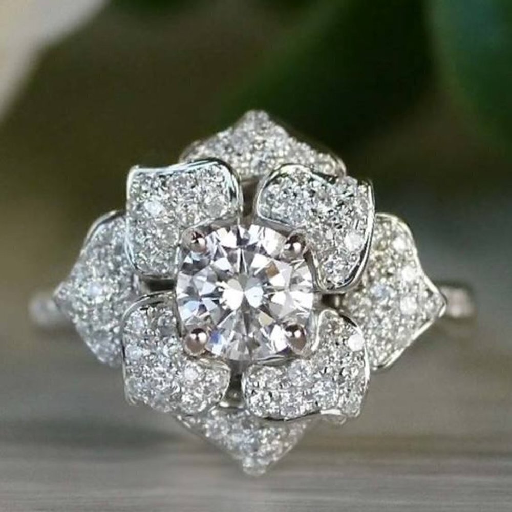 ✨Beautiful Shiny CZ Diamond Large Flower Anillos Dainty Carved Ring, UNVN12146 - Picture 2 of 3
